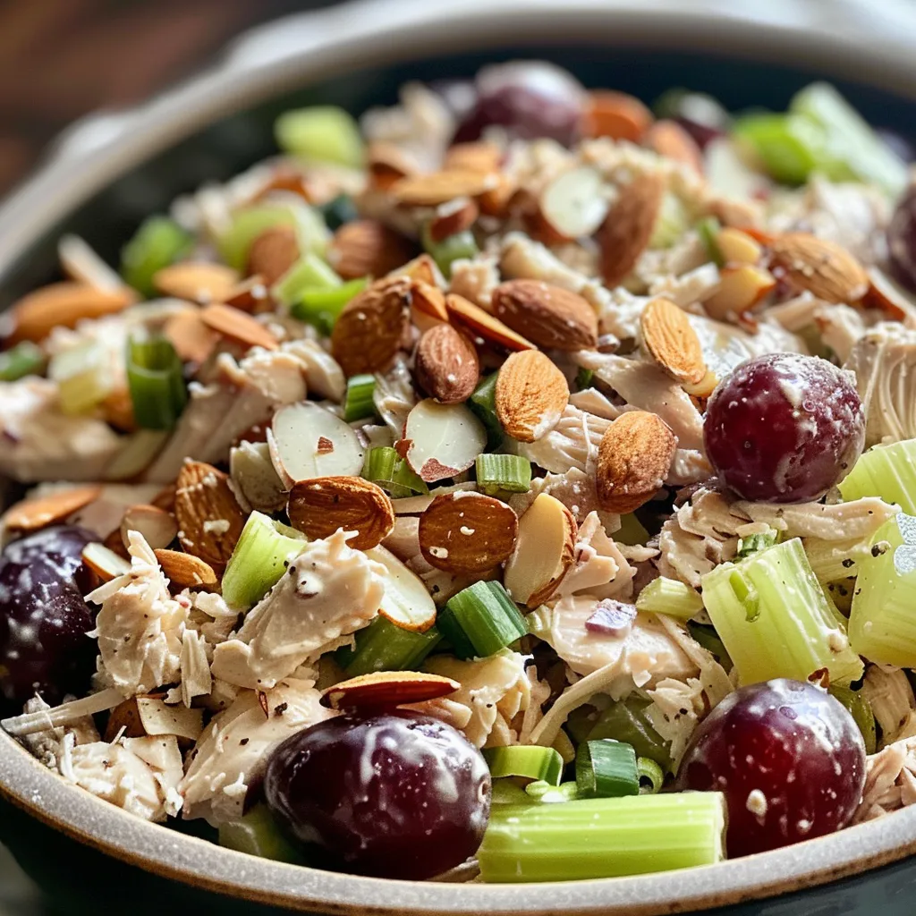 Detailed close-up of a no-mayo chicken salad with a creamy texture from Greek yogurt.