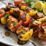 Side view of deliciously marinated chicken skewers ready to be served.