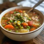 Juicy Chicken Vegetable Soup in a bowl, emphasizing fresh ingredients and rich colors.
