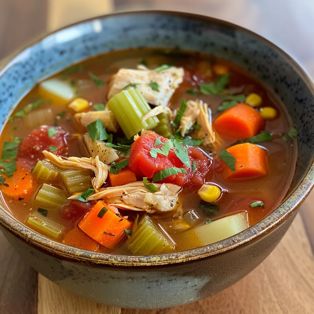 Warm chicken vegetable soup with visible chunks of chicken, carrots, and tomatoes.