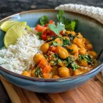 A colorful bowl of Chickpea Curry Rice with coconut milk sauce, red chili flakes, and lime wedges.