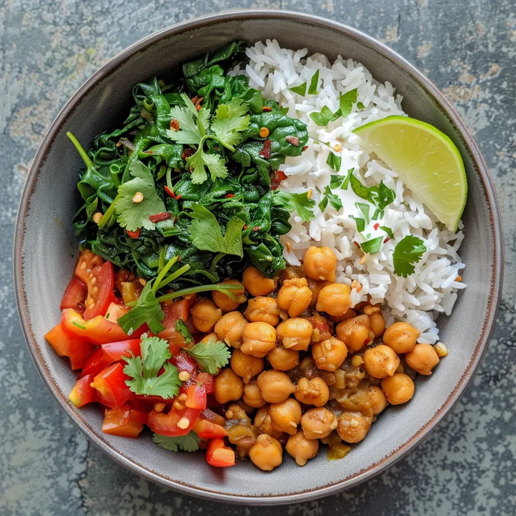 Detailed view of a Chickpea Curry Rice Bowl featuring spices, chickpeas, and fresh ingredients.