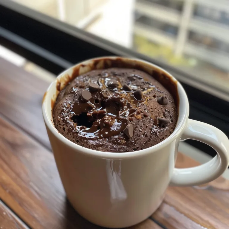 Juicy chocolate mug cake served in a ceramic mug, with a soft texture visible.