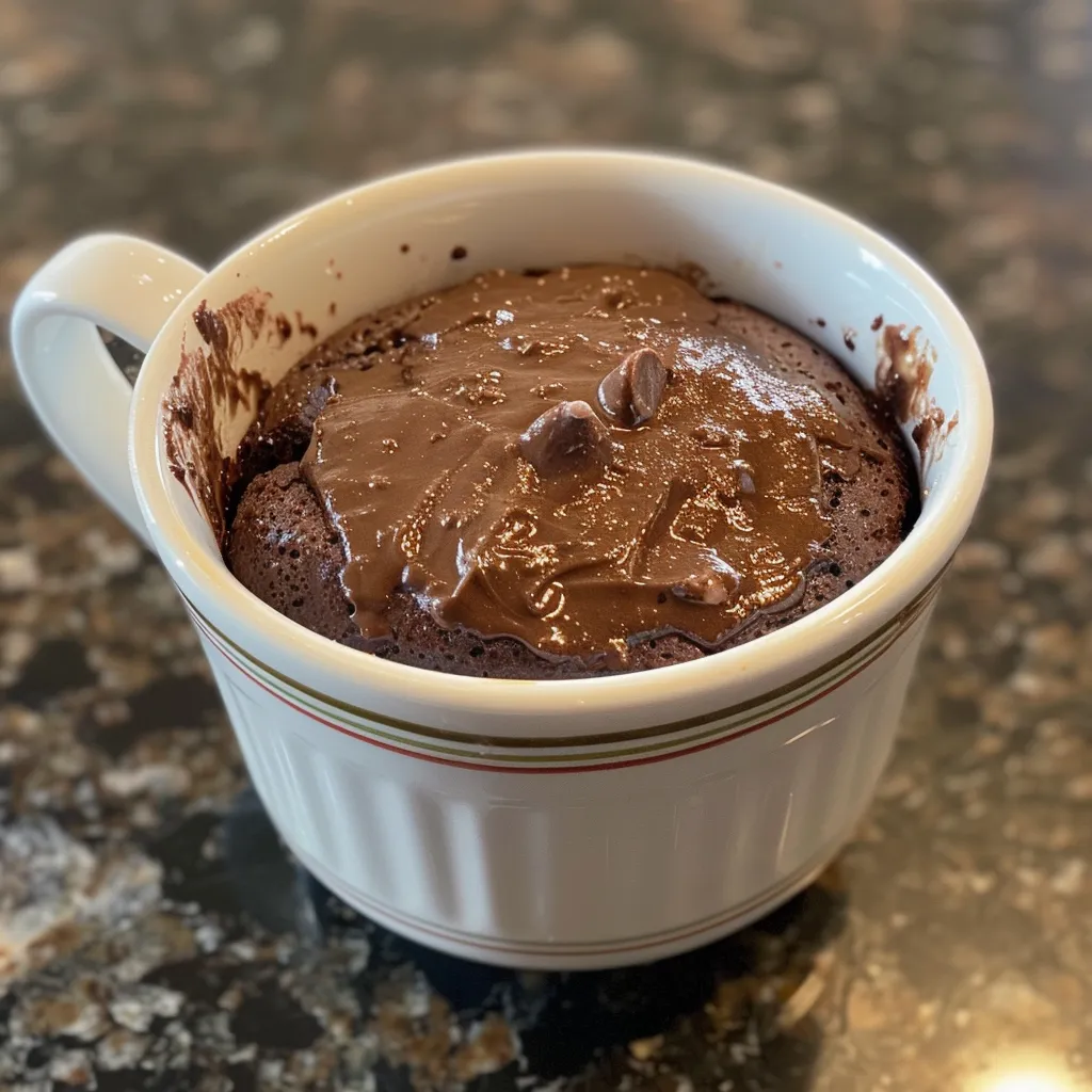 Homemade chocolate mug cake with a gooey center, placed on a rustic background.