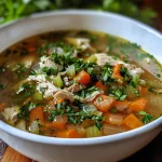 A close-up image of hearty chicken soup featuring carrots, celery, and herbs in a clear broth.
