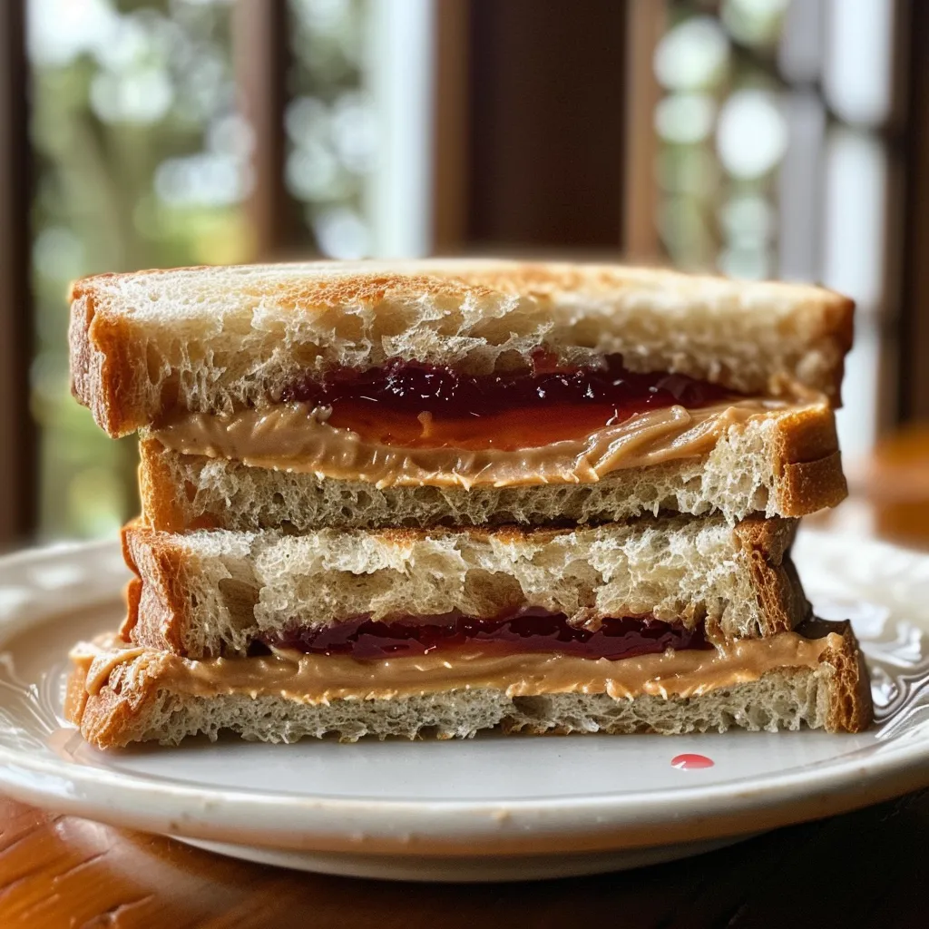 Side-angle shot of a delicious peanut butter and jelly sandwich, revealing its delicious layers and wholesome ingredients.
