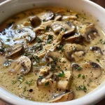 Delicious chicken mushroom soup in a bowl, featuring chunks of chicken and fresh herbs.