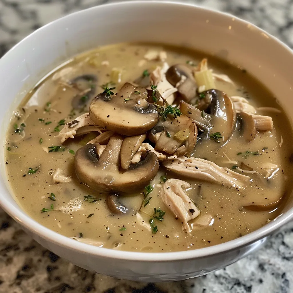 Warm chicken mushroom soup with mushrooms, onions, and rotisserie chicken, served in a rustic bowl.