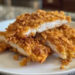 Side view of crispy Cornflake Chicken Tenders with a crunchy texture.
