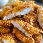 Appetizing Cornflake Chicken strips displayed on a wooden table.