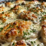 Side view of a baked chicken dish with a rich mushroom soup and cheese layer.
