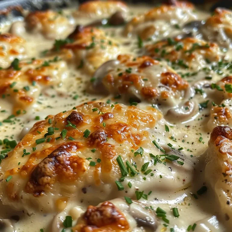 Side view of a baked chicken dish with a rich mushroom soup and cheese layer.