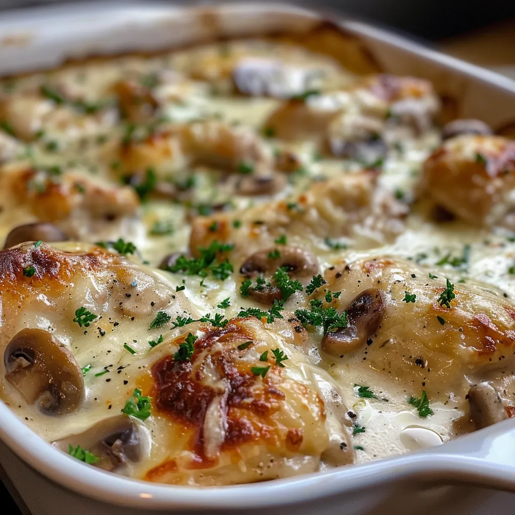 Savory chicken bake featuring cream of mushroom soup, cheese, and herbs.