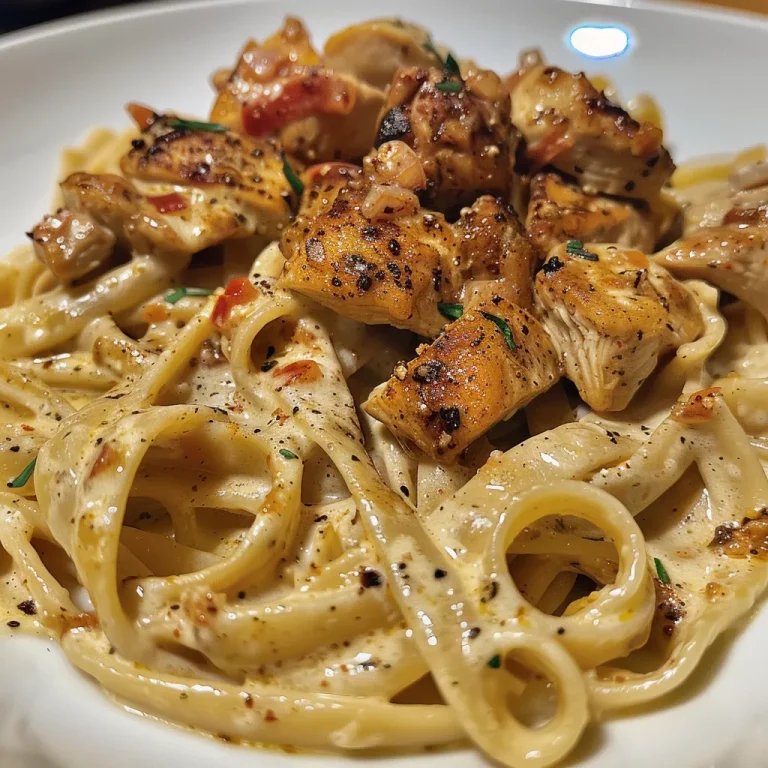 Juicy Cajun chicken pasta in a thick cream sauce with red and green peppers.