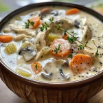 A vibrant bowl of creamy chicken and mushroom soup with chunks of vegetables and herbs, served on a rustic table.