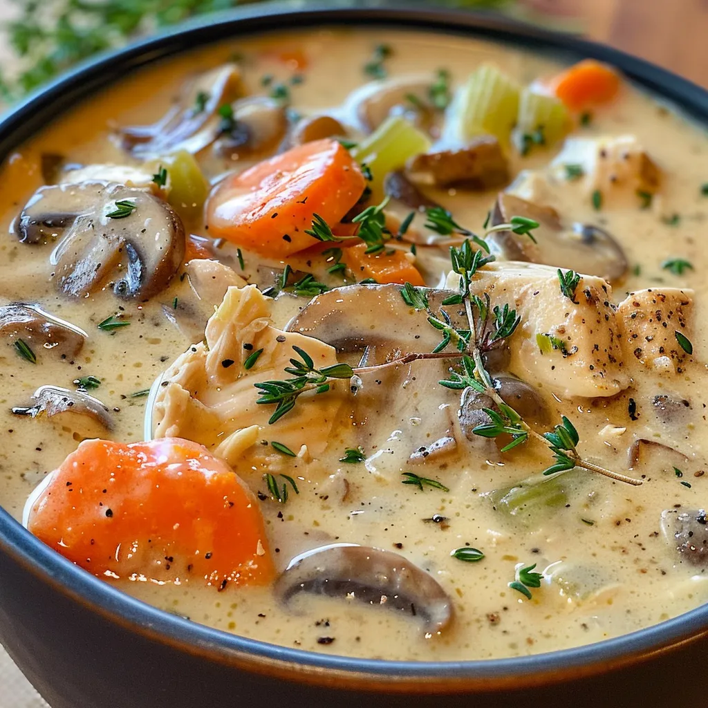 Delicious bowl of creamy mushroom soup featuring chunks of chicken and vibrant vegetables.