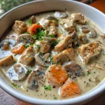 A side view of creamy chicken mushroom soup, with visible vegetables and herbs, in a rustic bowl.