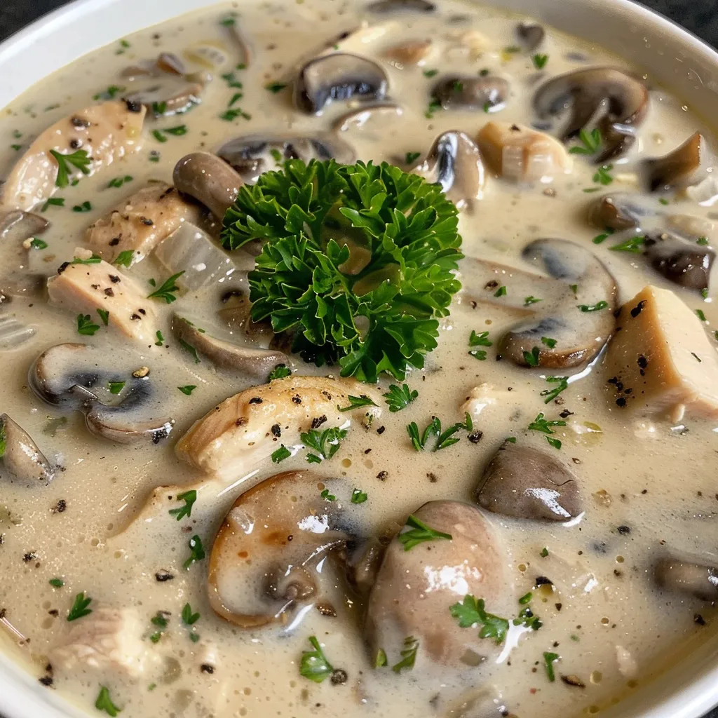 Delicious chicken mushroom soup with a smooth texture, served hot.