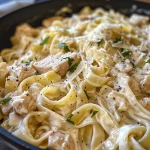Juicy creamy chicken pasta in a white bowl, with visible garlic and cheese.