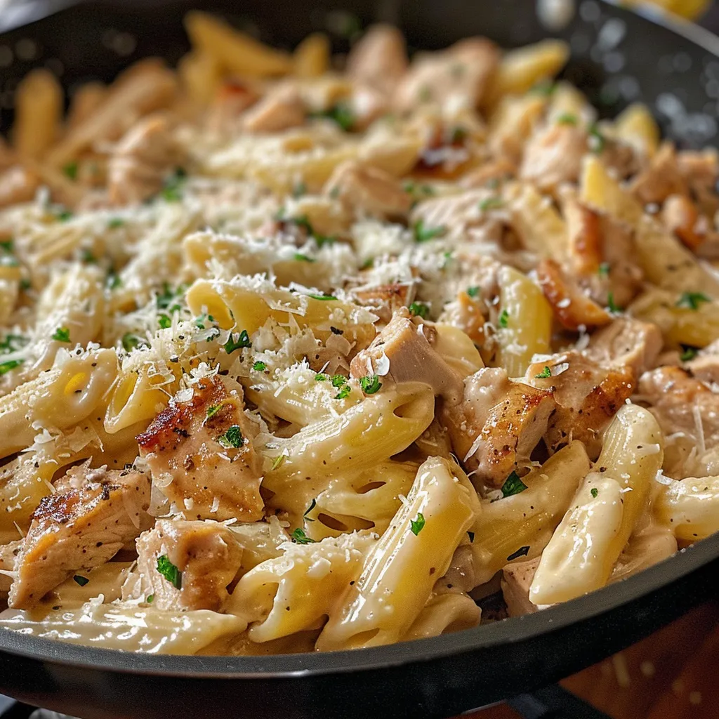 Delicious-looking creamy chicken pasta displayed attractively, with steam rising.