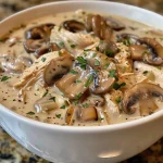 Delicious creamy soup featuring chunks of rotisserie chicken and sliced mushrooms, in a rustic bowl.