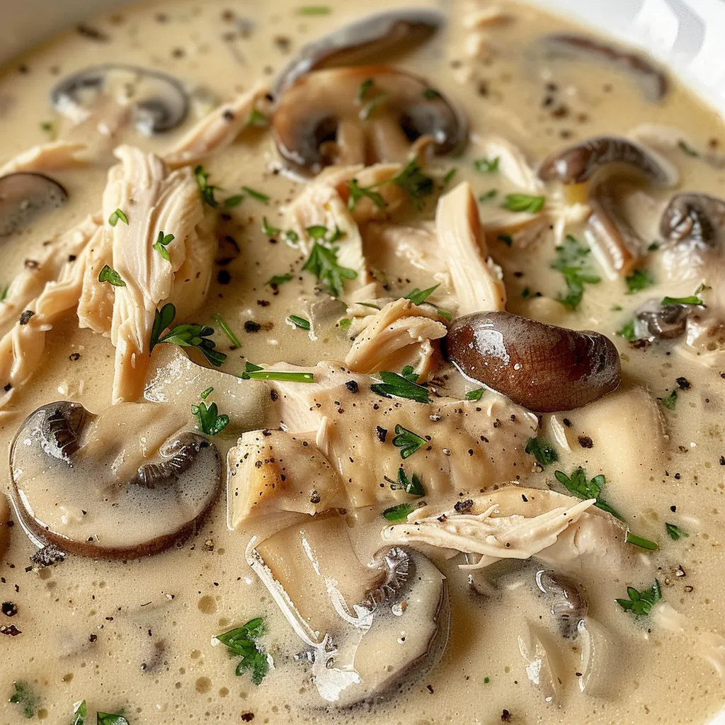 Rich and creamy chicken soup with mushrooms, served in a white bowl, showcasing its texture.
