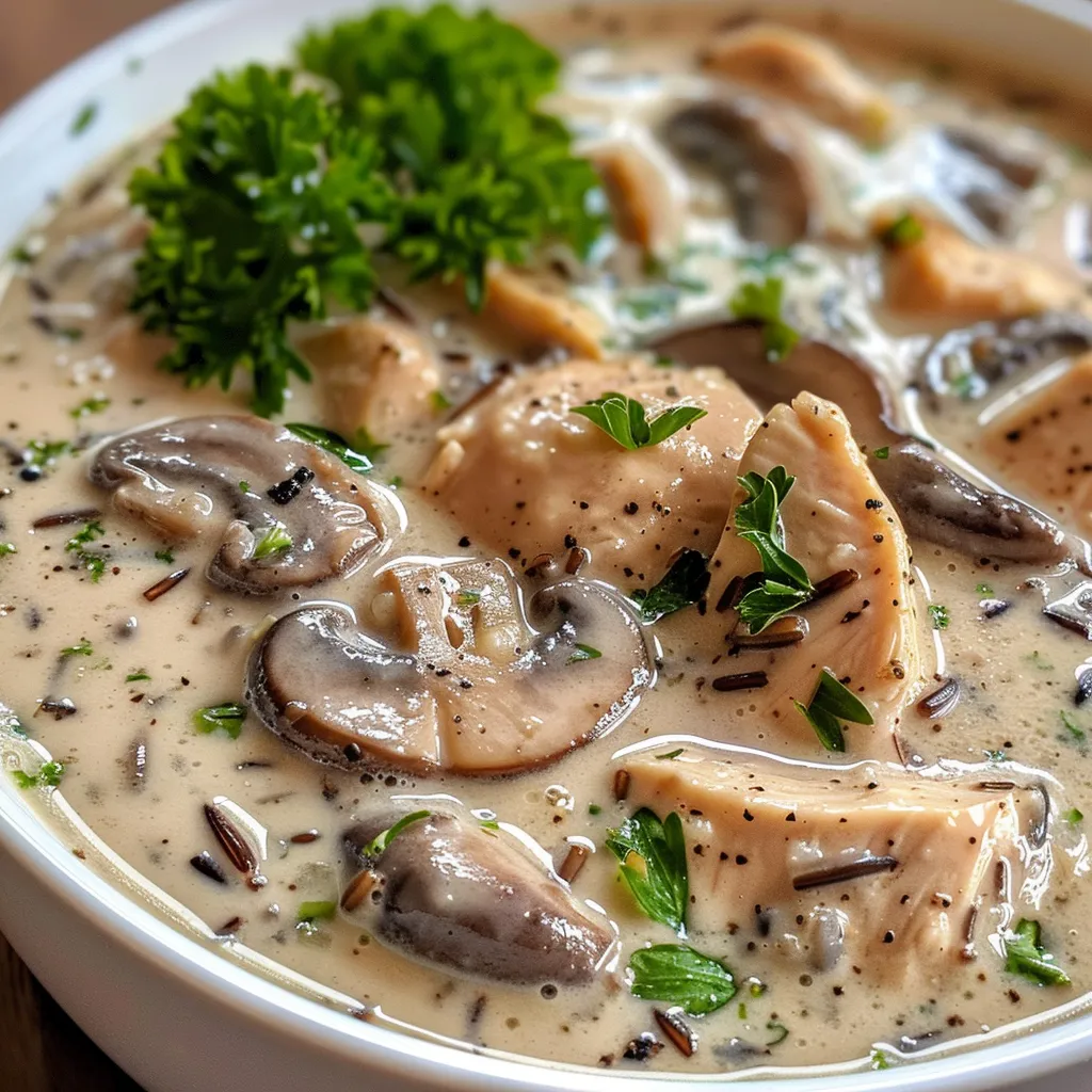 Delicious creamy wild rice chicken soup in a bowl, with parsley sprinkled on top.