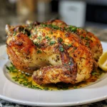 Side view of a succulent whole chicken topped with a spice mixture, ready to be served.