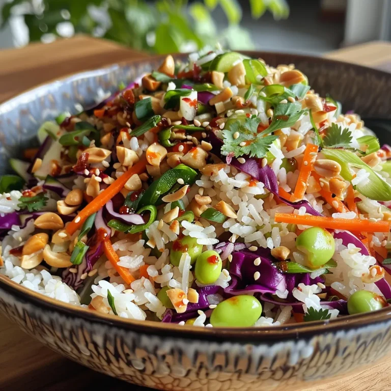 Detailed shot of Crispy Rice Salad featuring shredded cabbage, cucumbers, and cashews.