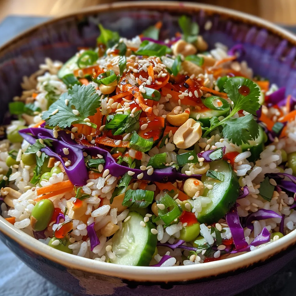 Close-up of a bowl of Crispy Rice Salad highlighting its bright colors and textures.