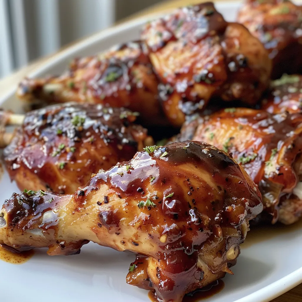 Side view of flavorful crockpot BBQ chicken thighs on a wooden table.