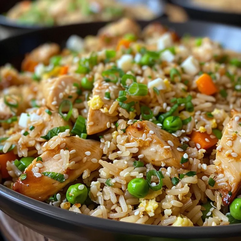 Detailed shot of a plate of chicken fried rice showcasing the texture of rice and savory ingredients.