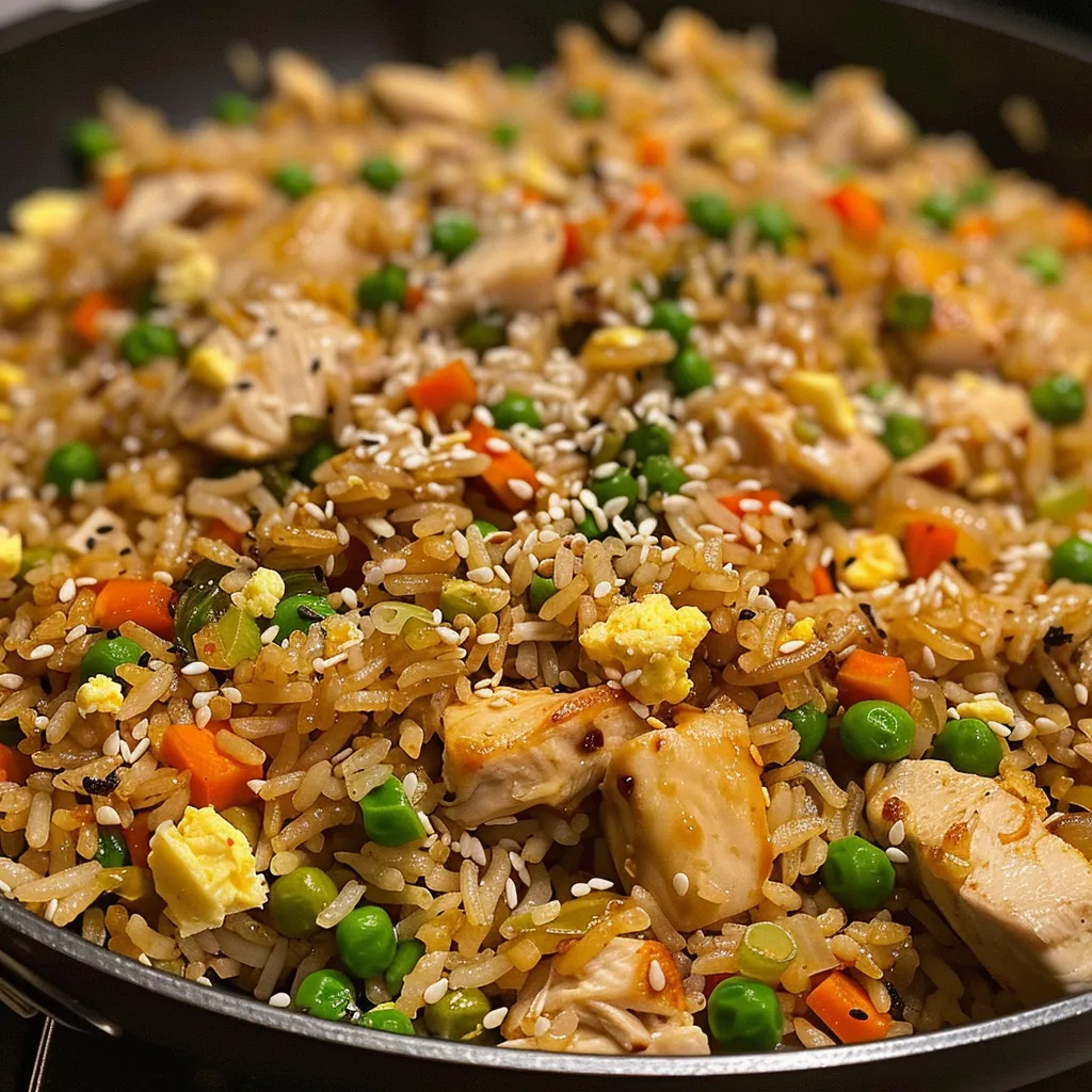 Vibrant photograph of easy chicken fried rice, highlighting the ingredients and appealing colors.