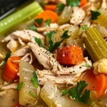 A vibrant mix of carrots, celery, and chicken pieces in a savory soup, topped with herbs.