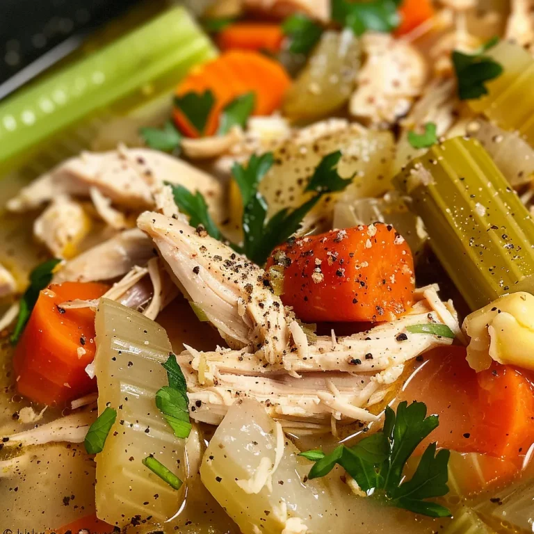 A vibrant mix of carrots, celery, and chicken pieces in a savory soup, topped with herbs.