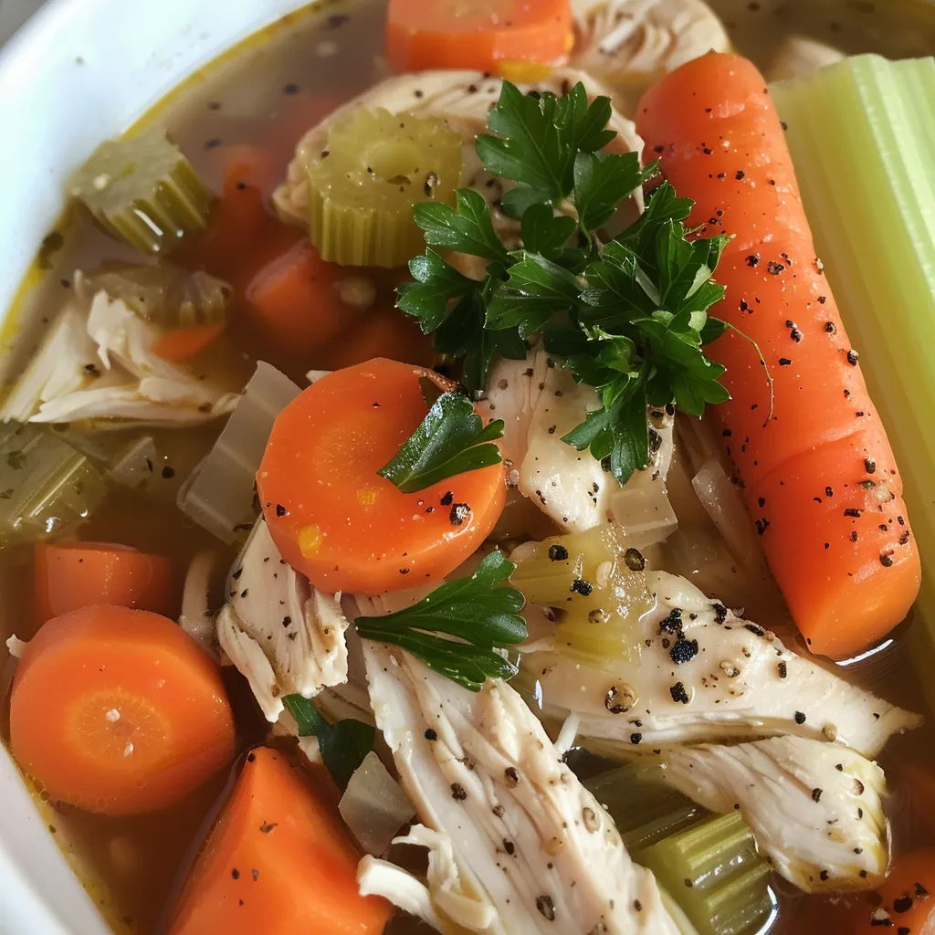Hearty Chicken Vegetable Soup presented in a bowl, showcasing the fresh ingredients inside.