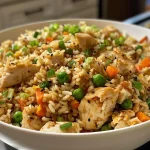 Detailed image of a serving of chicken fried rice garnished with green onions.