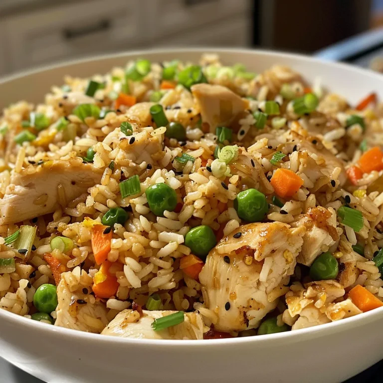 Detailed image of a serving of chicken fried rice garnished with green onions.