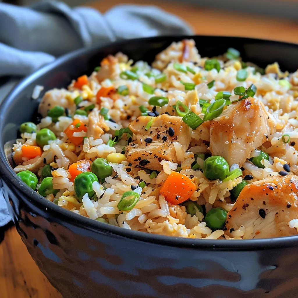 Appetizing bowl of fried rice showcasing rice, chicken, and vibrant veggies.