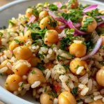 A delicious bowl of Easy Rice and Chickpea Medley, highlighting the ingredients and textures clearly.