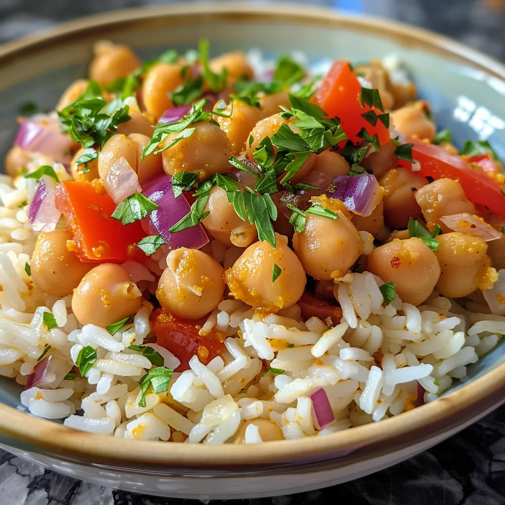 A zoomed-in image of a nutritious rice and chickpea dish, emphasizing its appealing colors and ingredients.