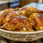 Side view of a juicy roast chicken, highlighting its tender meat.
