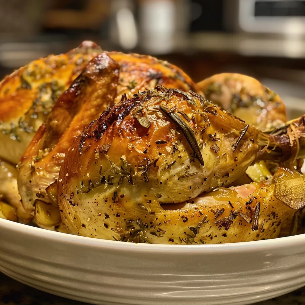 Close-up image of roasted chicken, emphasizing its crispy exterior.