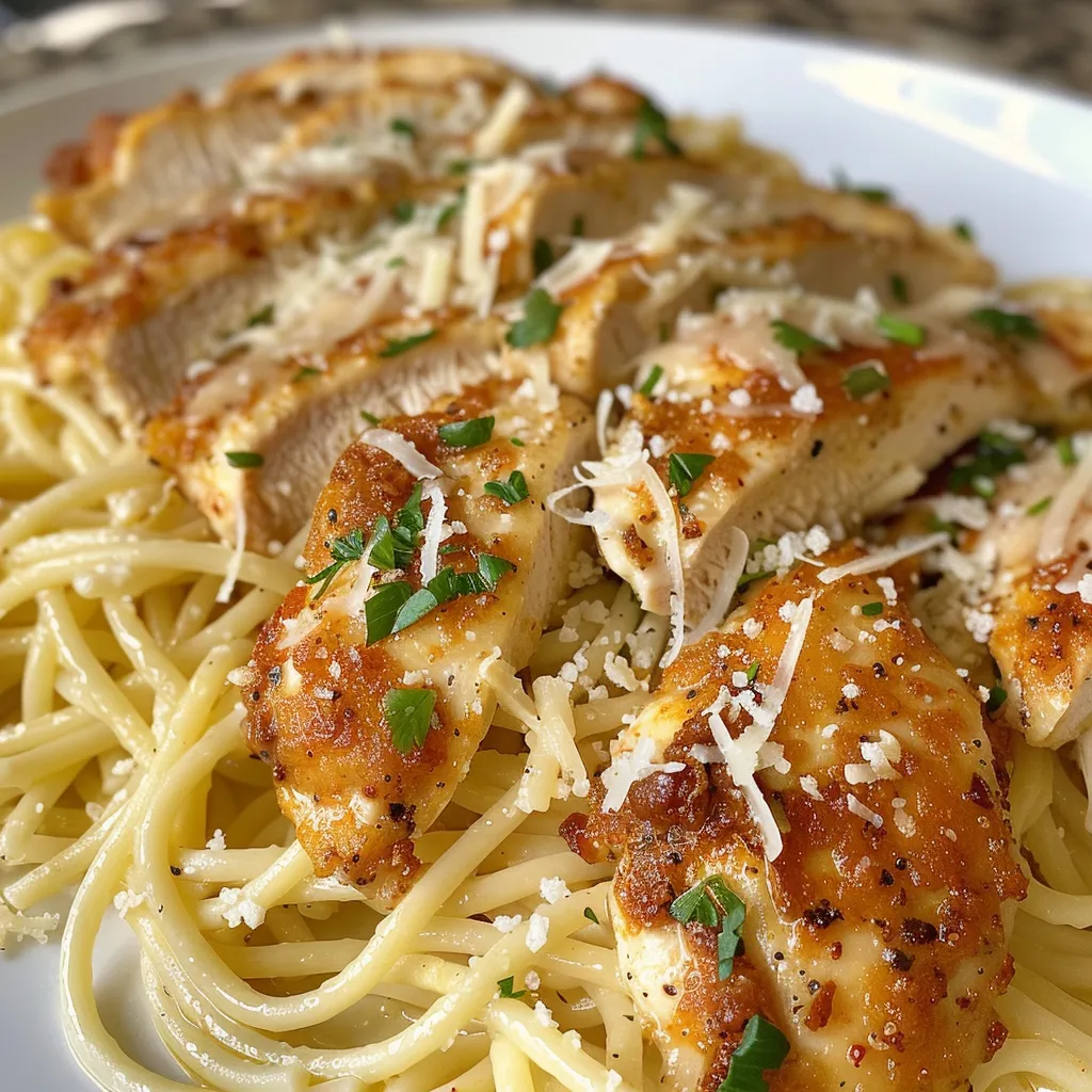 Delicious Garlic Parmesan Chicken Spaghetti in a rich sauce, presented in an inviting close-up shot.