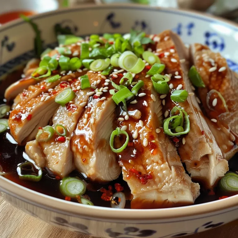 Side view of a plated ginger steamed chicken showcasing its rich, savory sauce and garnishment.