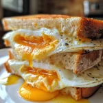 Mouth-watering shot of a sandwich stacked with gooey cheddar and eggs on toasted bread.