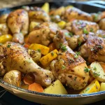 Deliciously plated Grandma's Favorite Chicken with colorful veggies.