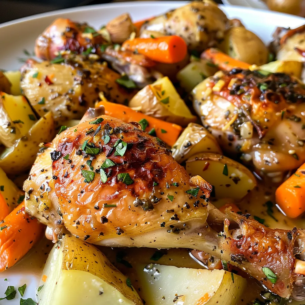 Succulent chicken leg with garlic and squash, ready to enjoy.