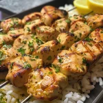 Tantalizing Greek chicken pieces on skewers next to vibrant lemon rice.