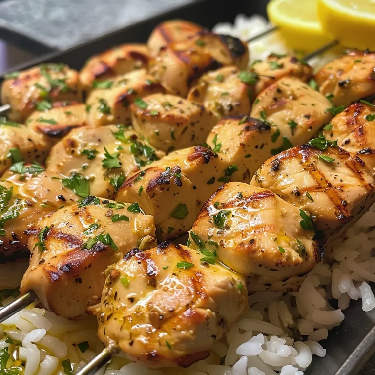 Tantalizing Greek chicken pieces on skewers next to vibrant lemon rice.